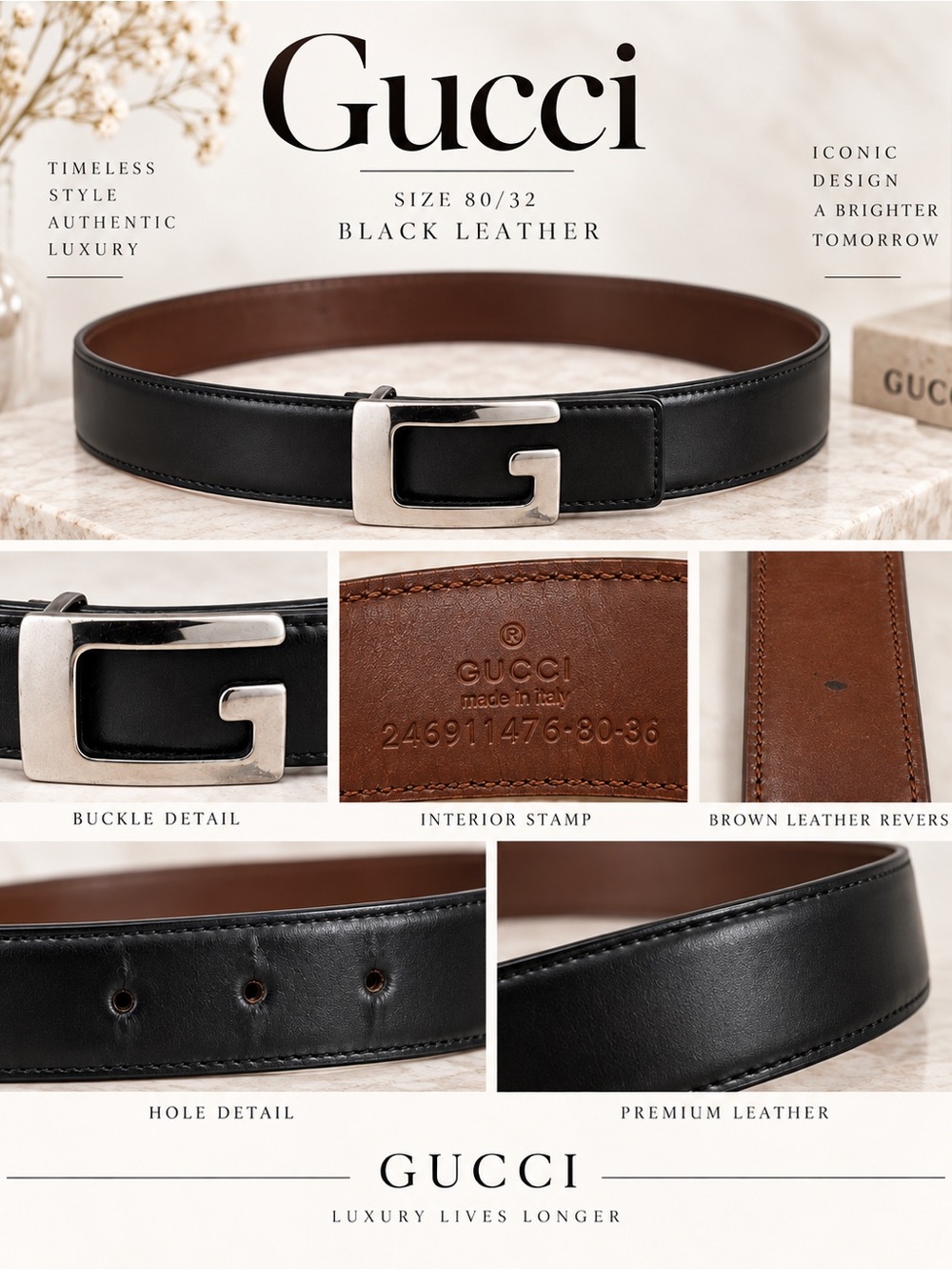 Gucci Black Leather G Belt with Brown  Interior POP